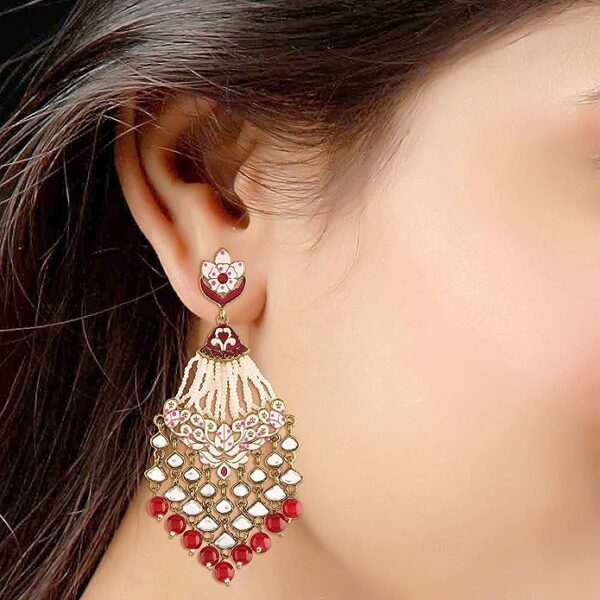 Gold Plated Traditional Handcrafted Meena Work Earring Glided with Kundan & Pearls - Image 3