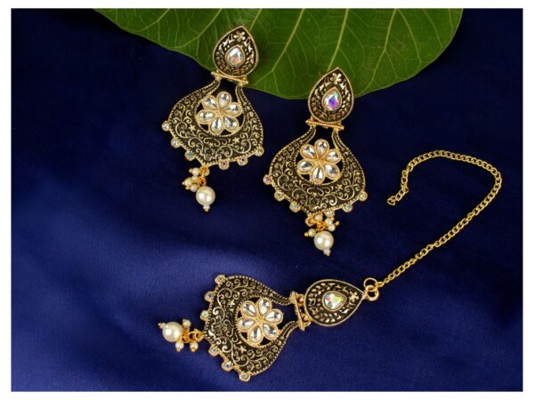 Gold Plated Maangtika Earring With Black Colour Meena - Image 3